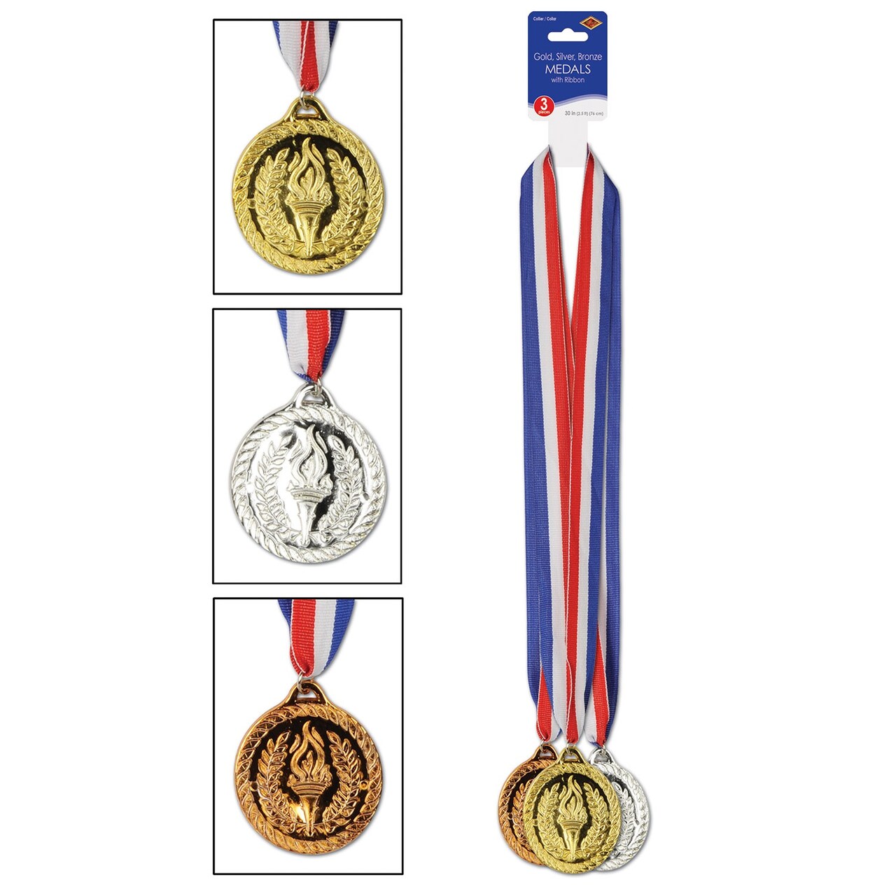 Beistle 12ct Red White Blue Competition Medals with Ribbon 30”